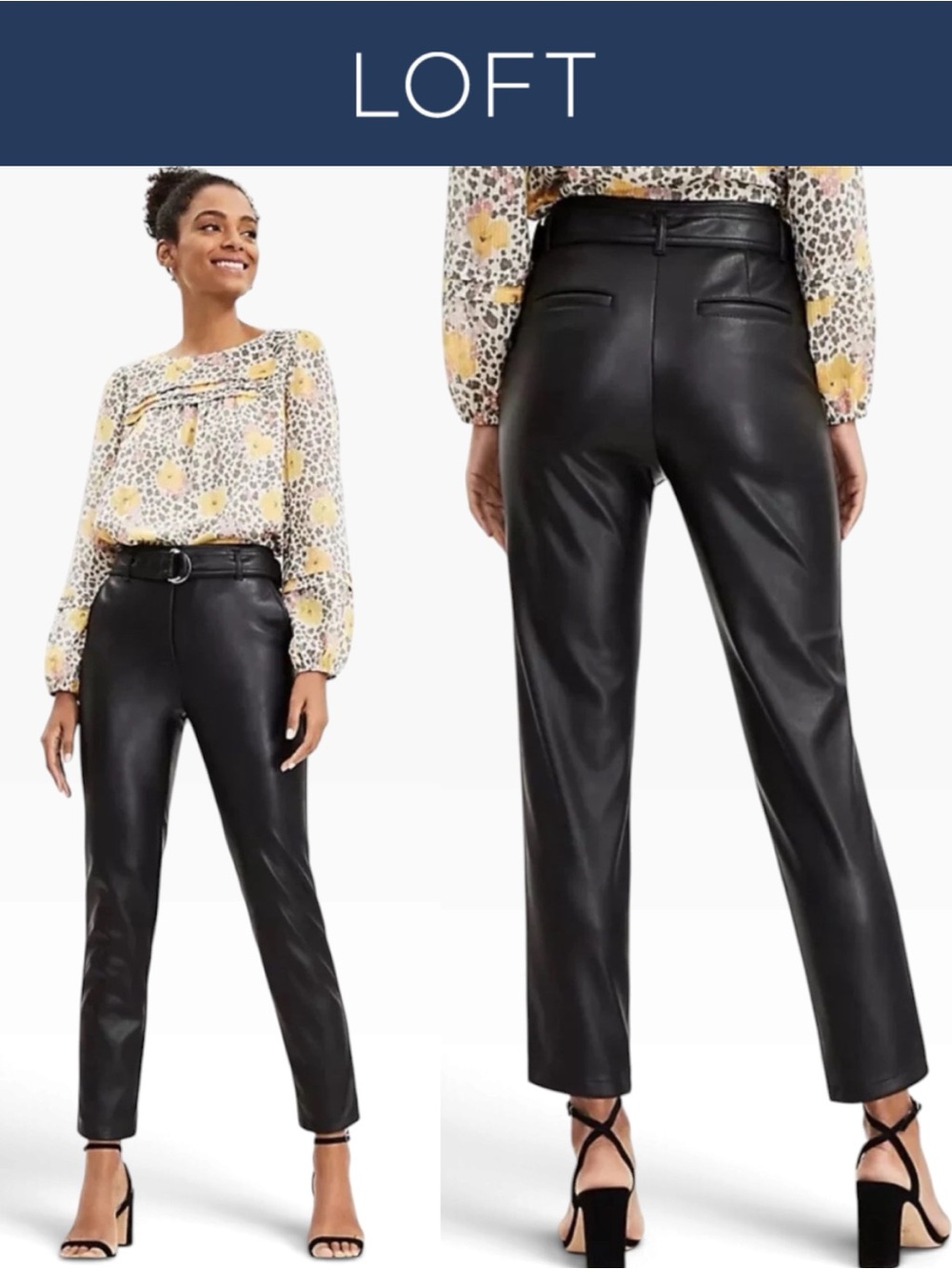 NWT LOFT BLACK FAUX LEATHER BELTED PANTS HIGH WAIST ANKLE STRAIGHT LEG SIZE 4